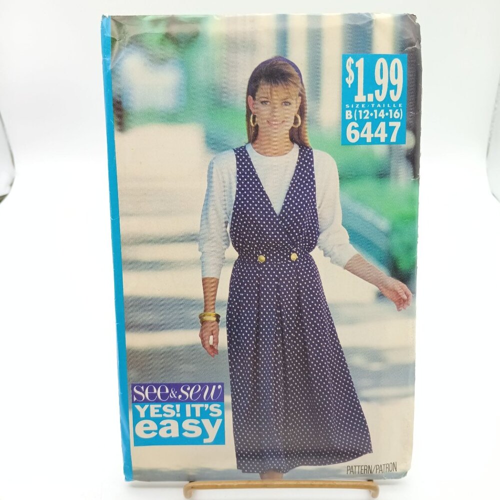 Butterick See & Sew Pattern 6447 Misses Mock Wrap Jumper Dress Sizes 12-16 1992